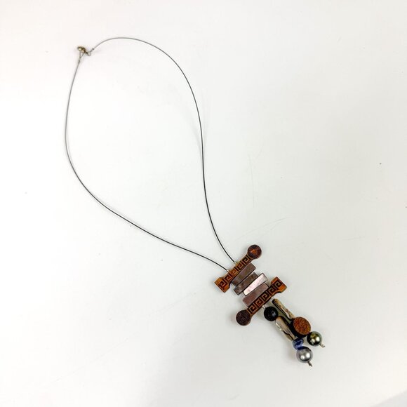 Artisan Pearl Abalone Lapis Lava Stone Beaded Bolo Style Necklace Boho Unique - Picture 2 of 5